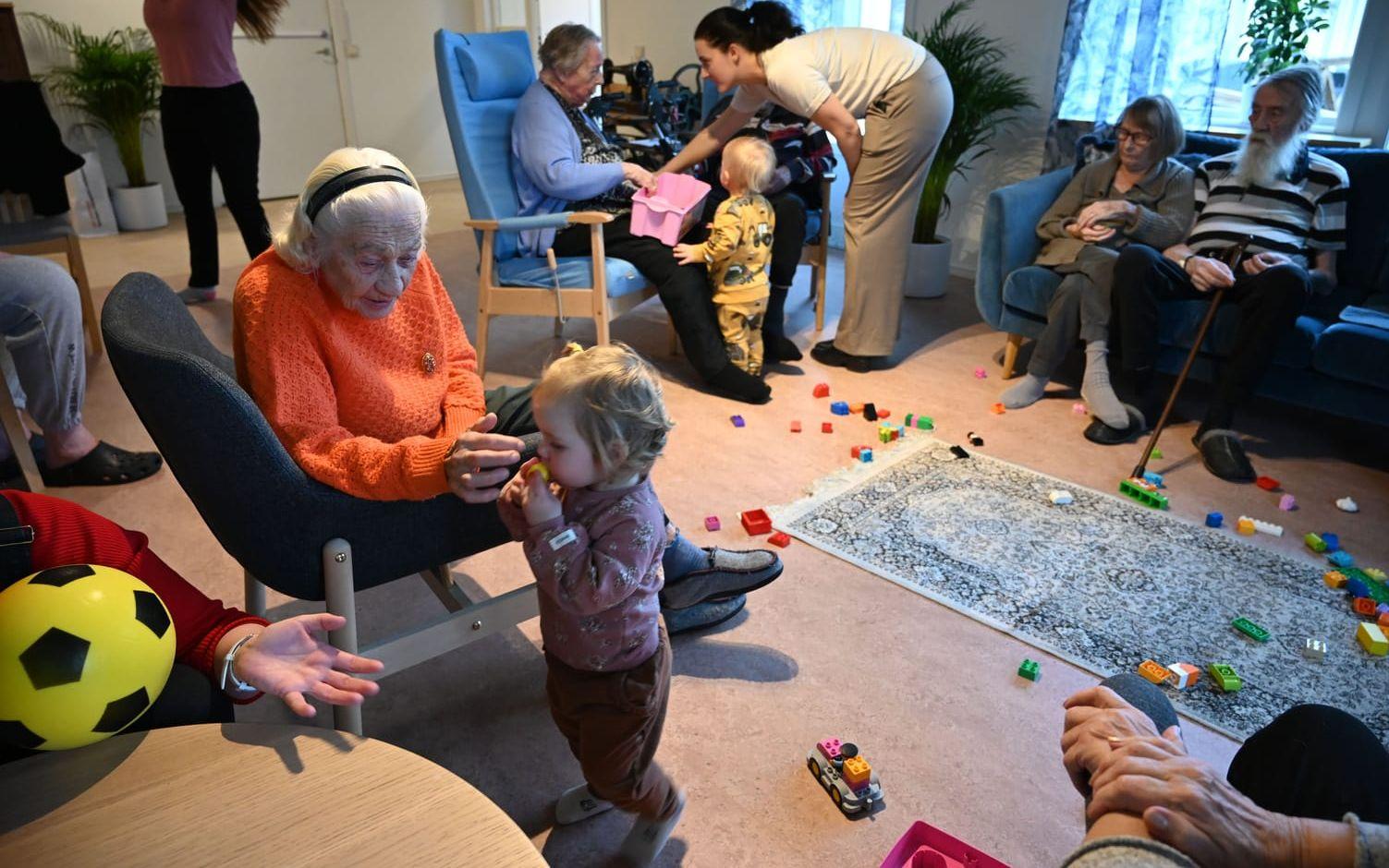 Förskolebarnen från Mellegården besöker varje vecka de gamla på Össbygården för att leka, sjunga och fika. Foto: Marita Adamsson