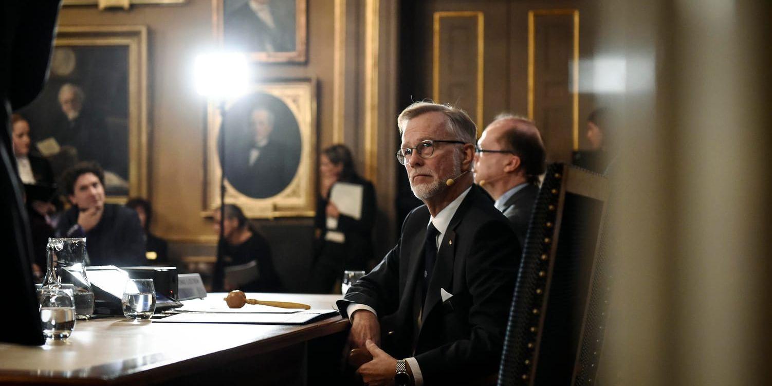 Göran K Hansson, ständig sekreterare, under tillkännagivandet av Nobelpriset i ekonomi förra året i Kungliga Vetenskapsakademien i Stockholm.