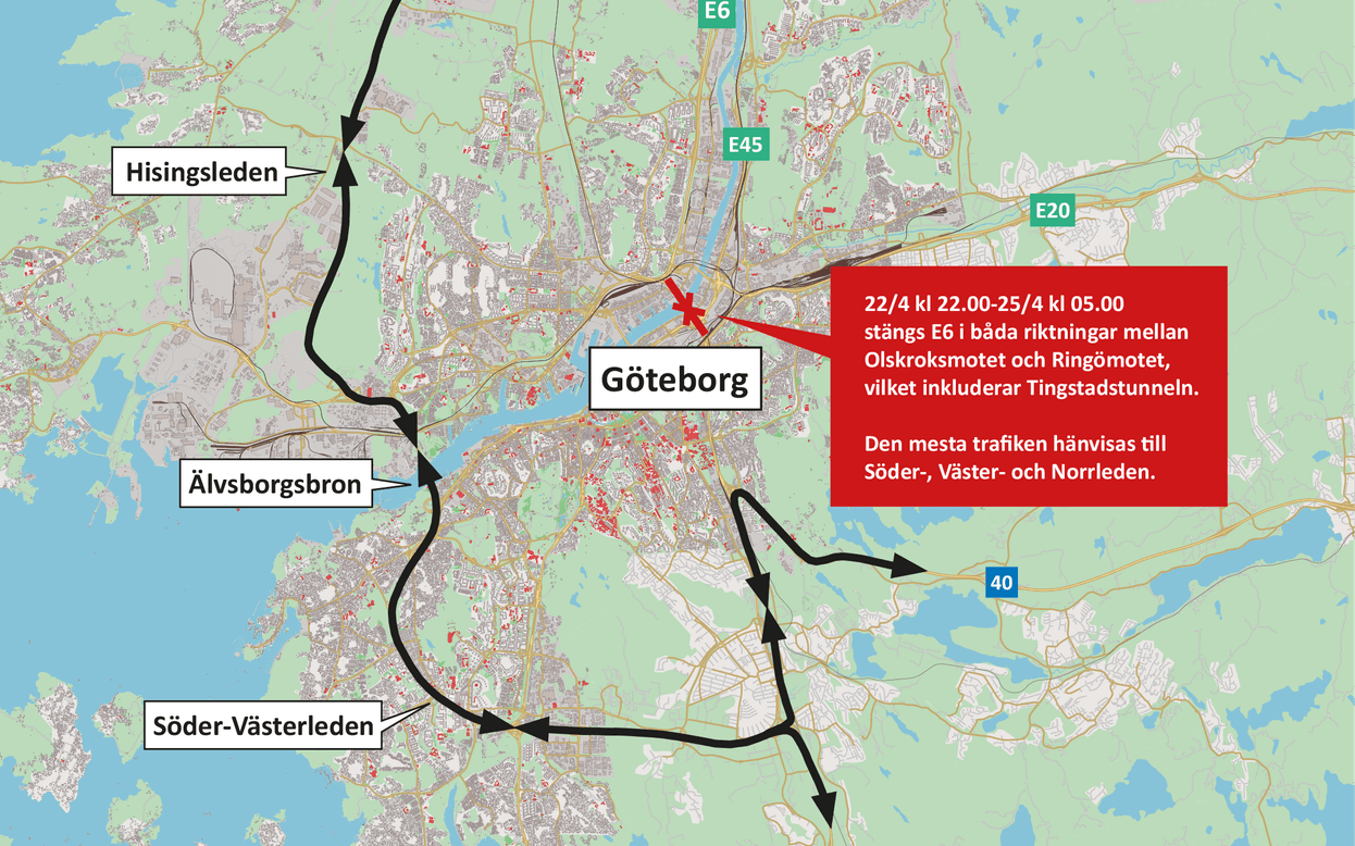 Under avstängningen leds all trafik, förutom den från de centrala delarna av Göteborg, om till Söderleden, Västerleden och Norrleden via Älvsborgsbron, medan trafiken från centrum istället hänvisas till Marieholmstunneln.